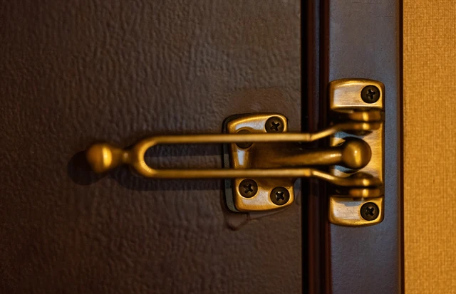A brass swing bar door guard closed across the inside edge of a dark door and its frame.